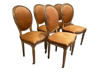 $2400 - 5 Gold Leaf Louis XVI Style Dining Side Chairs SL86-2 Louis XVI Style Painted and Gilt side Chairs. Set of 5 Antique French Louis XVI Painted Salon Chairs with Mohair represent the essence of the classical style! Contoured oval seatbacks and generous seats are upholstered in a lovely, earthy brown mohair for long-lasting beauty and comfort. The frames are sculpted with rosettes just above the tapered and fluted legs. A lovely patina has developed on the hand-painted finish for a timeless look!
19 x 20 x 38"H Seat=20
Condition: 4 are in good condition but will need to be spot cleaned. 1 leg is wobbly on the 5th chair and fabric is stained as shown in photos.
Local pick up Chevy Chase, MD. Contact us for shipper suggestions.