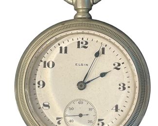 $199 - 1921 Silverode Railroad Elgin Stainless Steel Pocket Watch HH191-2 Elgin 1921 railroad pocket watch with a 59mm case made of silverode and is 20mm thick. Heavy watch with a clean plastic crystal. The case is in excellent condition considering age. The movement is 7 jewel.
Dimensions: Depth: 0.79 in (20 mm)Diameter: 2.33 in (59 mm)
Local pick up Bethesda, MD. We will ship at buyer's expense.