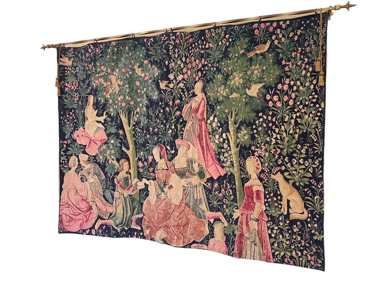 $225 - French Galantes Medieval Style Blue Millefleurs Tapestry LA178-33                                                                                       Description:  Mid-Century French tapestry, reproduction of a medieval tapestry.  The Lordly Life; Scene Galante, circa 1500 (tapestry) by French School, (16th century); National Museum of the Middle Ages and Thermes de Cluny, Paris.  The piece depicts ten characters, five ladies, two lords and three pages,

Dimensions: 54 x 73"H

Condition: Very good

Local pick up Potomac, MD.  Located on first floor.  Contact us for shipper suggestions.