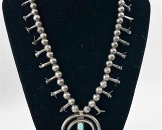 Fine Silver Turquoise Native American Squash Blossom Necklace 19.5"
