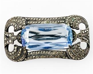 Victorian 835 Silver Marcasite Aquamarine Pendant Brooch
