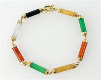 Fine 14K Yellow Gold Jade Asian Link Bracelet 7"
