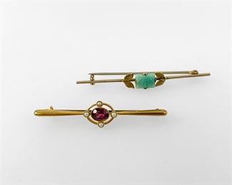 Fine Victorian 15ct Yellow Gold Ruby Bar Pin Plus 10K Yellow Gold Gemstone Bar Pin
