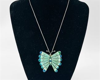 Silver Figural Butterfly Channel Set Turquoise & Opal Pendant Brooch Necklace On Italian Sterling Silver Chain
