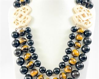 Fine Asian 9K Yellow Gold Clasp Tiger Eye & Bone 24" Statement Necklace
