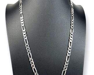 Fine New 28in 7.5mm SolidSterling Silver Rhodium-Plated Flat Figaro Chain Necklace. 66.1 grams
