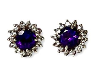Lovely Amethyst Halo Post Earrings in Sterling Silver.
