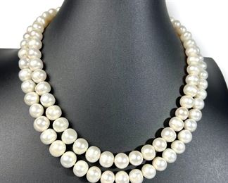 Fine Double Strand 10-10.5mm Pearl Necklace with Sterling Silver Clasp.
