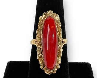 Fine 14k Yellow Gold Red Coral Navette Ring. Size 6, can be sized.
