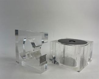 Robert P. Gottlieb RARE MCM Lucite & Chrome Tape Dispenser and Lucite Storage Cube with medal lid
