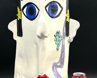 Jerilyn Babroff Signed Funny Funky Face Large Art Pottery Outsider Art Cookie Jar
