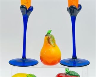 Pair of Cobalt Blue Stemmed Iridescent Art Glass Goblets & Assorted Art Glass Fruits
