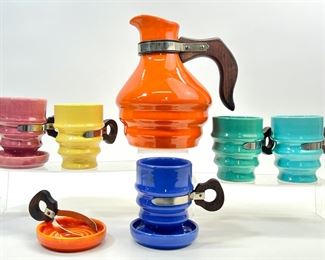 MCM Poppy Trail Metlox Orange, Pink, Yellow, Green, and Blue Tumblers with Clip-On Handle & Pitcher
