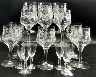 Richmond Water Goblets by Morgantown Set Of Eleven Vintage Etched Goblet Glasses & Six Mini Shot Glasses
