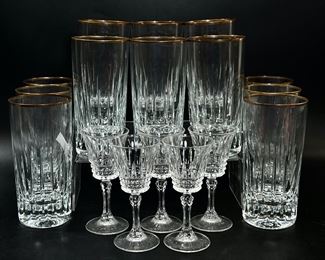 Mikasa Castille Highball Gold Trim Crystal Clear Drinking Glasses & Vintage Set Of Five Mini Crystal Glasses
