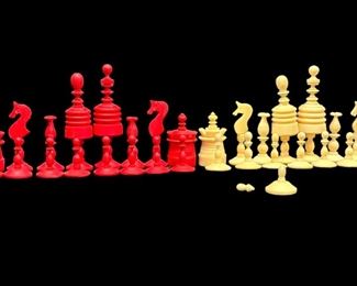 Antique Carved Bone & Stained Bone Chess Set
