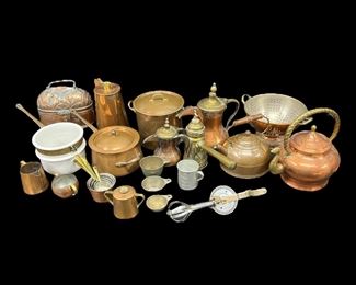 Massive lot of Antique/Vintage Brass Kitchenware Items Including teapots, pots, Measuring Cups and a hand mixer

