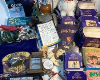 Huge Harry Pottery Collectibles and Decorations - Lamp, Magazines, Flags, Christmas Ornaments, Card Game, Unopened Bertie Botts Every Flavor Beans, Books, etc
