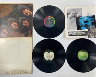 1965 The Beatles Rubber Soul Monophonic Microgroove Vinyl Record T-2442 on Capital Rainbow Records and 1977 The Beatles White Album Stereo Vinyl Record SWBO-101 Produced by George Martin On Capital Apple Records WITH Poster

