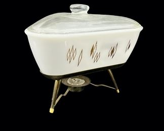 Vintage MCM Glass Chafing / Casserole Dish Triangular w/ Diamonds
