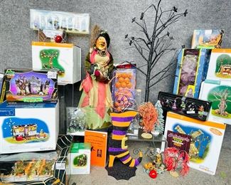 Department 56, Lemax And Other Assorted Halloween Decor Collection. Includes: Cemetery Gate, Costumes For Sale, Village Accessories, Hunted Windmill, Halloween Pumpkin Stand And Much Much More
