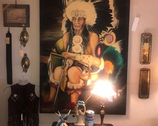 Items Located In The Living Room ~ Signed American Indian Chief Painting L Morris