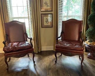 Vintage (Hancock & Moore style) Leather French Open Armchairs.  Set of 2 