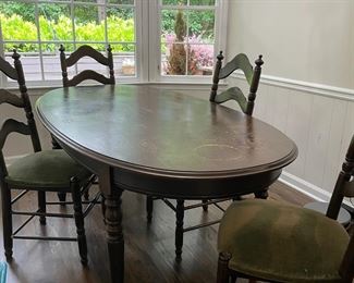 Vintage oval narrow kitchen dining set with 4 green velet chair seats - well loved piece of furniture.
