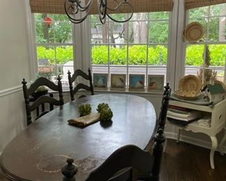 Vintage oval narrow kitchen dining set with 4 green velet chair seats - well loved piece of furniture.
