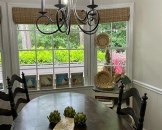 Vintage oval narrow kitchen dining set with 4 green velet chair seats - well loved piece of furniture.