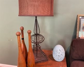 Vintage bowling pins, lamp, mission table