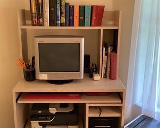 Office computer desk on wheels, Compaq monitor, tower, printer, shredder, adding machine, misc office supplies. 