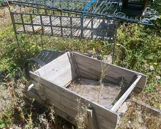 Wooden Garden Wheel Barrel, Metal Yard Tressel & Bench