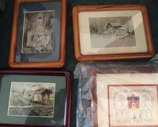 Top from left: Church and Sheep by Jean Zito. Church frame about 5.5x7.5 inches. Sheep frame about 7.5x5.5 inches. 
Bottom from left: Railroad by Jean Zito, sampler by unknown creator. Railroad frame about 7.5x5.5 inches. Sampler frame about 8.25x7.25 inches. 