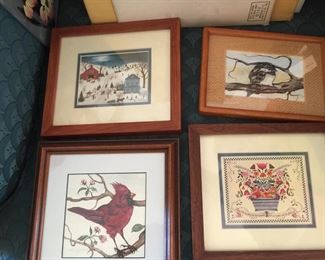 Top from left; Farm scene, frame about 8.25x7.25 inches by Linda Nelson Stocks. Bird, frame about 7.5x5.5 inches, by Cathy Hemmer. 
Bottom from left: Cardinal, frame about 8.25x8.25 inches, by Cathy Hemmer, Flowers, frame about 8.25x7.25 inches, by unknown artist.