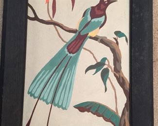 Green exotic bird by JMD, frame about 10x14.5 inches. 
