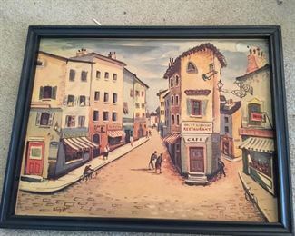 Restaurant and Street Vendors by Joseph Amthony Buzzelli. It is one of six pieces available by Buzzelli. 
Framed size for each is about 17.4x13.4 inches. 