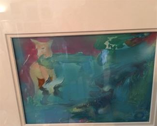 Watercolor with fox. Frame about 14x12 inches. 