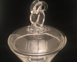 Steuben Glass bowl and cover with a ram’s head knob. 