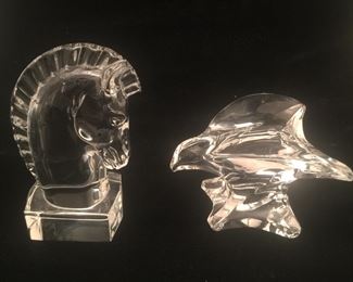 A stallion bust and perched eagle by Steuben Glass. 