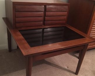 MCM end table, likely by Henredon, has louvered drawers. Also available are matching end table, coffee table, buffet and coordinating dining table and chairs. 