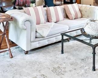 Restroation Hardware sofa, glass/metal coffee table, wood tray with stand