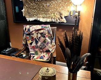 1920 victorian crazy quilt, Axis deer framed hide