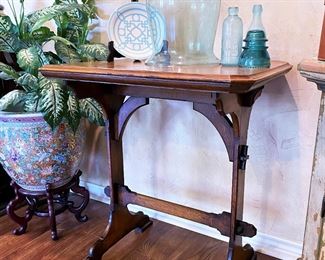Antique Victorian trestle side table with Gothic revival elements 