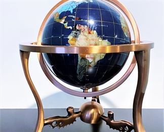 Table top globe made from minerals and semi-precious stones, such as lapis lazuli, jasper, turquoise, moss and other agates on a brushed copper stand.  