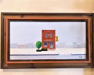 Painting by Harold Noyes of Corsicana, Texas historic city jail building.  This was painted in the 1980s.      A commercial artist, he went to New York at 24 as an art director for the "True Confessions" and Captain Marvel comics. In 1942 he moved to Los Angeles and motion picture advertising for Howard Hughes, MGM, RKO and other studios. Extensive work for Walt Disney included designs for the first Disneyland guidebook. Expanding his painting talent, he joined the Laguna Beach Art Assn. and won competitive show awards throughout southern California. His works were shown at Laguna's Challis Galleries and in Los Angeles, Santa Barbara, Riverside, San Juan Capistrano, New Mexico and Florida galleries. Moving to Texas, his paintings of Texas courthouses were exhibited in Dallas. He painted "Main Street U.S.A." for Corsicana's Sesquicentennial. In the ensuing decades he continued to paint historical Texas homes and scenes.