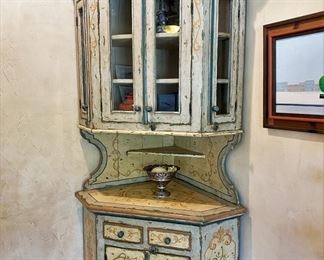 Antique hand painted polychrome corner cabinet.   European in origin, possibly from the low countries.   