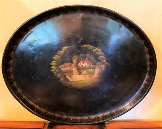 Antique 19th century large hand painted Tole tray 