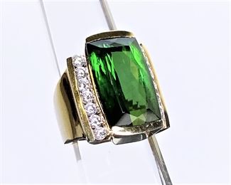 14k yellow gold ring, 14 round diamonds & 12.688 ct cushioned AA Very good Tourmaline.  This will not go to 1/2 off. 