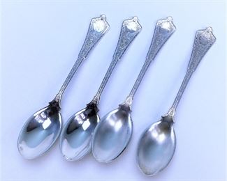 Four Antique Sterling silver spoons Persian by Tiffany & Co.   Two of the four appear to once had a layer of gold wash over the 'bowl' of the spoons. 